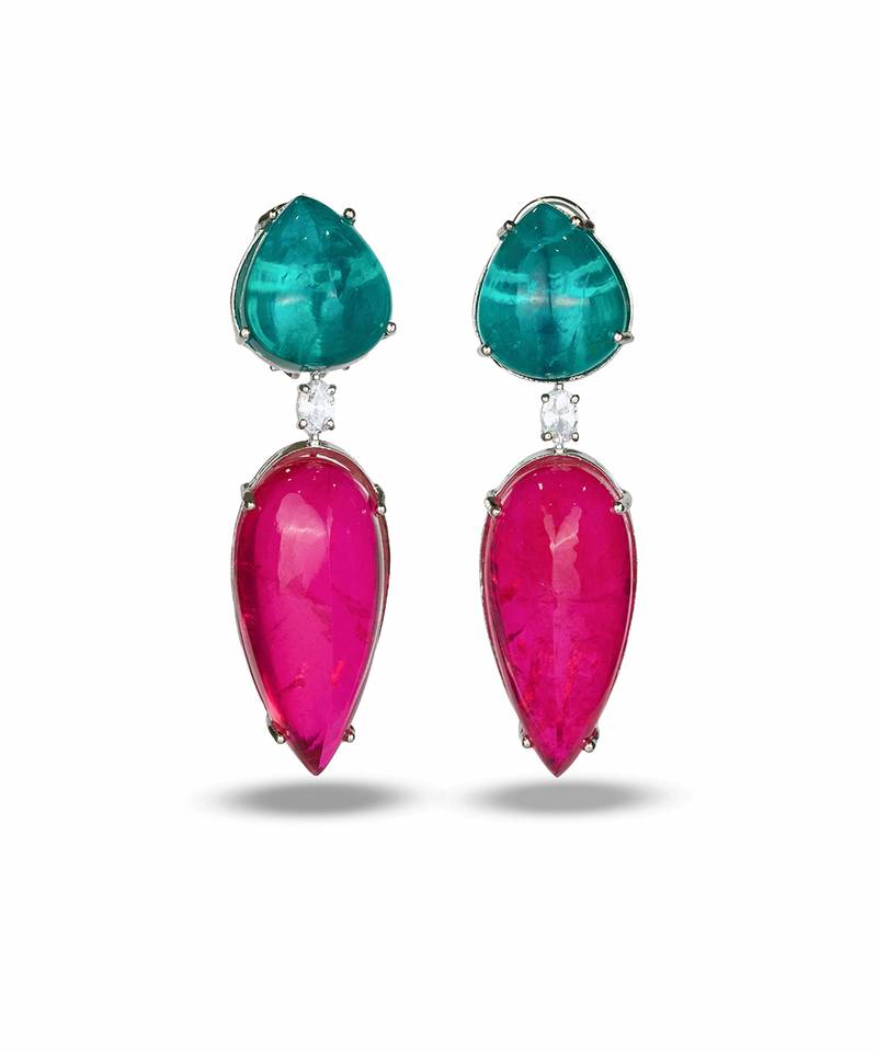 Ruby pink green stone silver plated teardrop earrings