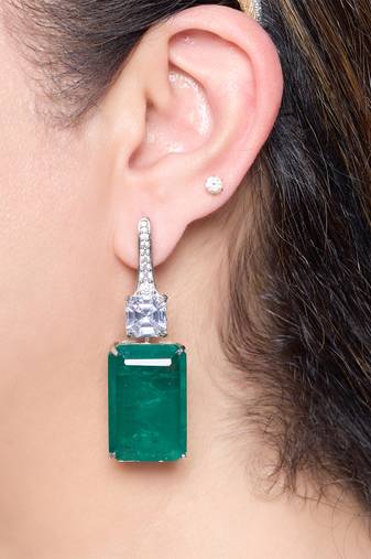 Emerald green stone silver plated drop earrings