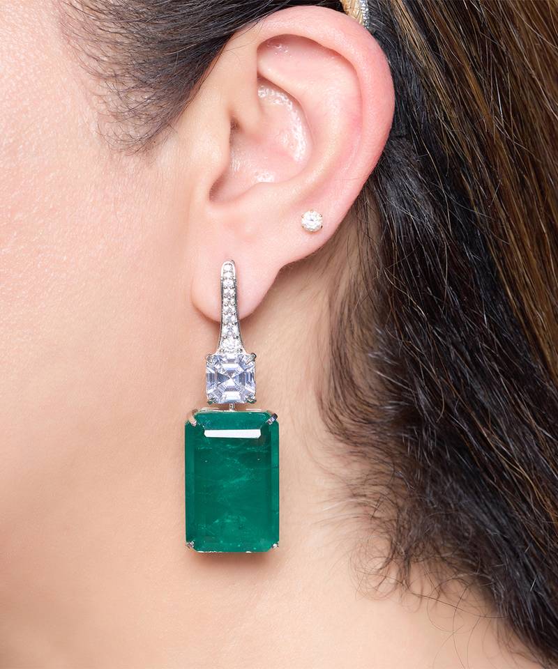 Emerald green stone silver plated drop earrings
