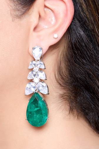 Emerald green stone silver plated drop earrings