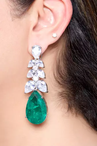 Emerald green stone silver plated drop earrings