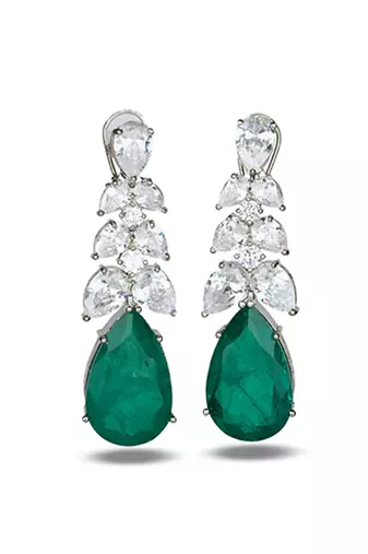 Emerald green stone silver plated drop earrings