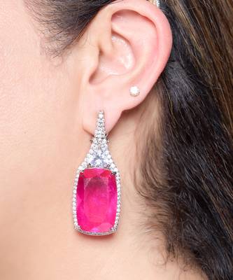 Ruby pink stone silver plated drop earrings 1