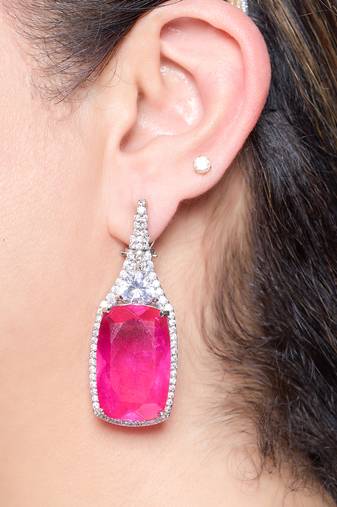 Ruby pink stone silver plated drop earrings