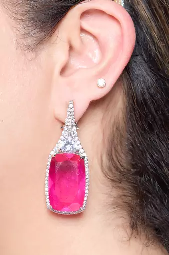Ruby pink stone silver plated drop earrings