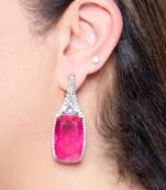 Ruby pink stone silver plated drop earrings