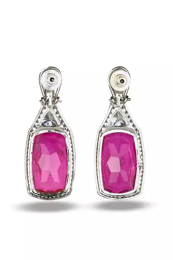 Ruby pink stone silver plated drop earrings