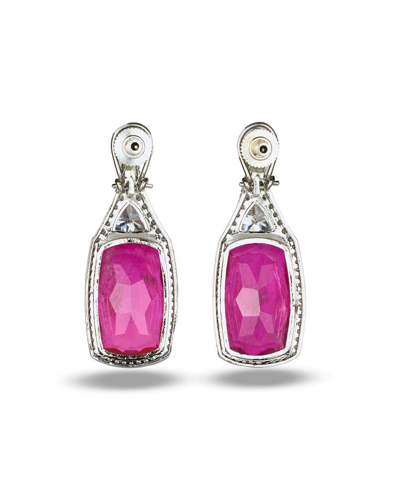 Ruby pink stone silver plated drop earrings