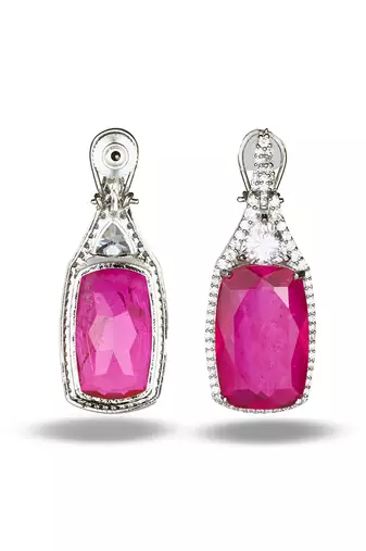 Ruby pink stone silver plated drop earrings