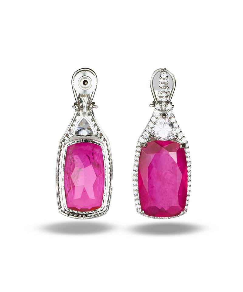 Ruby pink stone silver plated drop earrings