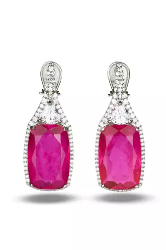 Ruby pink stone silver plated drop earrings
