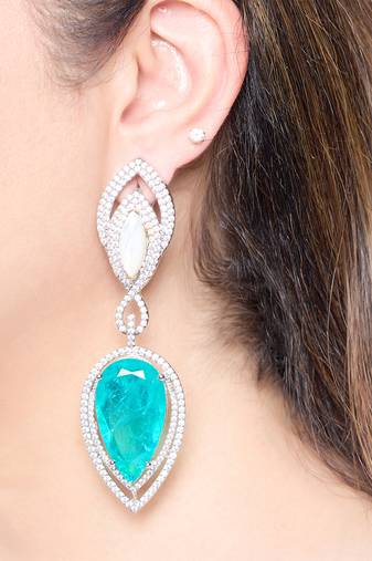 Aqua blue stone silver plated teardrop earrings