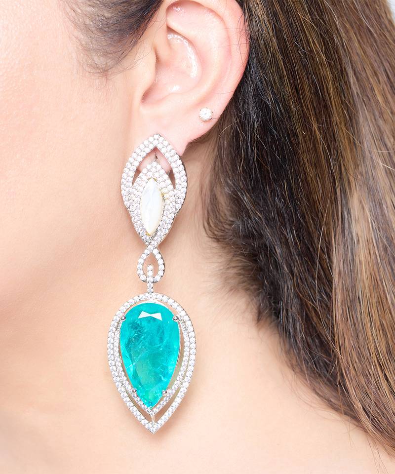 Aqua blue stone silver plated teardrop earrings