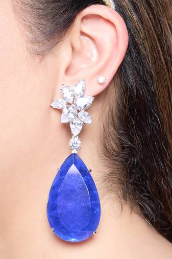 Sapphire blue silver plated teardrop drop earrings