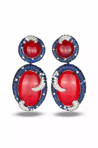Coral red oval drop metallic earrings