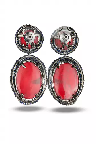 Coral red oval drop metallic earrings