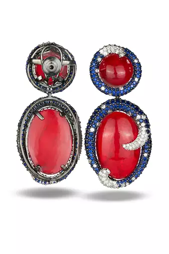 Coral red oval drop metallic earrings