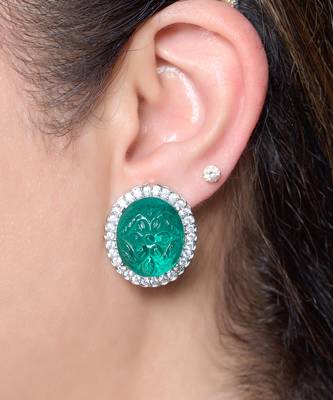 Green stone silver plated floral stud earrings 1