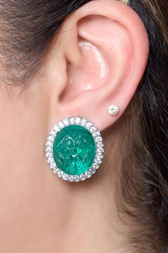 Green stone silver plated floral stud earrings