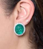 Green stone silver plated floral stud earrings