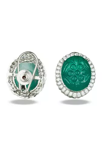 Green stone silver plated floral stud earrings