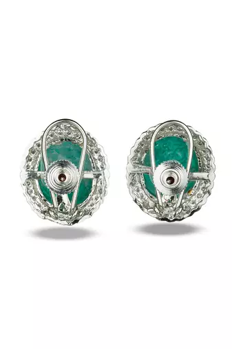 Green stone silver plated floral stud earrings