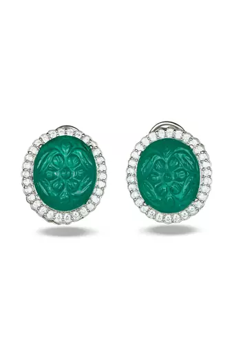 Green stone silver plated floral stud earrings