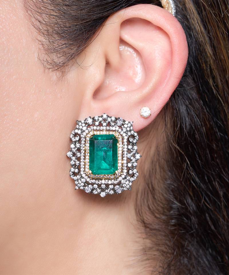 Emerald green stone rectangle cut earrings