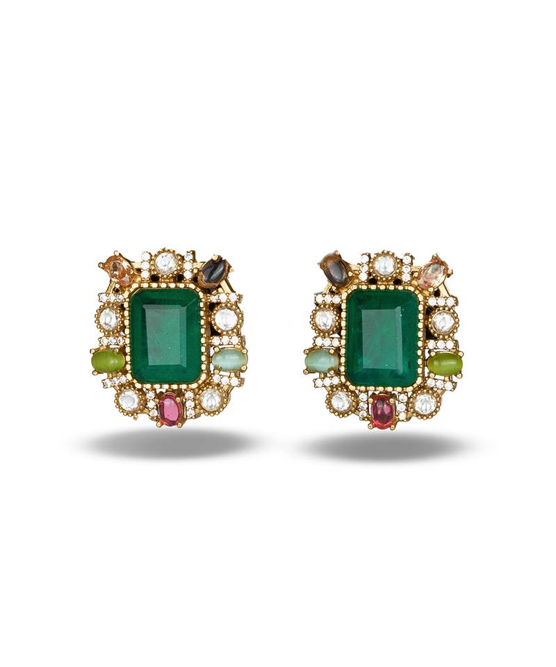 Gold plated multicolor stones stud earrings