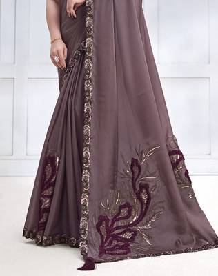 Dusty mauve faux crepe satin silk saree with embroidered blouse 3