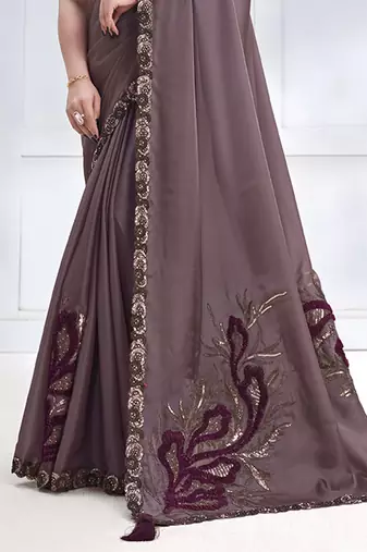Dusty mauve faux crepe satin silk saree with embroidered blouse