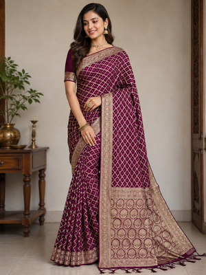 Wine Traditional Banarsi Silk Saree With Blouse Piece. 1