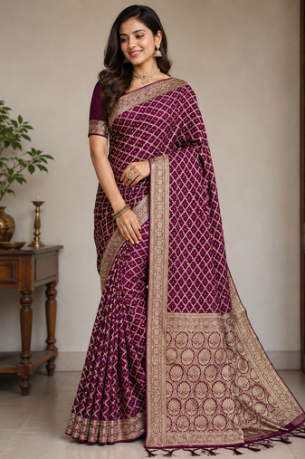 Wine Traditional Banarsi Silk Saree With Blouse Piece.