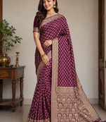 Wine Traditional Banarsi Silk Saree With Blouse Piece.