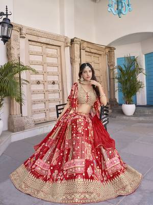 RED CHINNON SILK DIGITAL PRINT & ZARI DORI EMBROIDERED STITCHED LEHENGA CHOLI 6