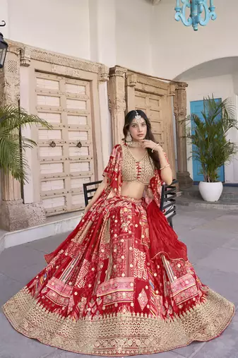 RED CHINNON SILK DIGITAL PRINT & ZARI DORI EMBROIDERED STITCHED LEHENGA CHOLI