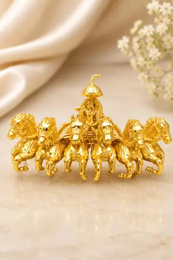 Gold-plated lord surya seven horse chariot brooch pin | divine spiritual designer brooch for unisex