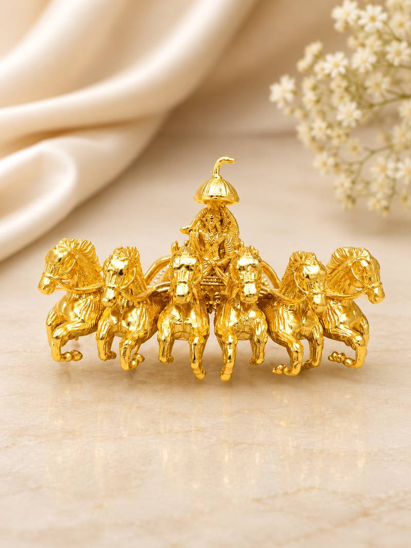 Gold-plated lord surya seven horse chariot brooch pin | divine spiritual designer brooch for unisex