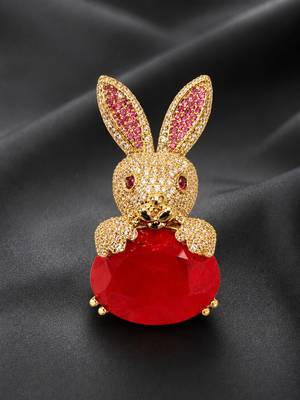 Gold-plated bunny rabbit brooch pin with red oval crystal stone | cute animal designer 1
