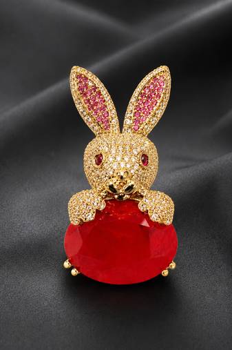 Gold-plated bunny rabbit brooch pin with red oval crystal stone | cute animal designer