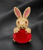Gold-plated bunny rabbit brooch pin with red oval crystal stone | cute animal designer
