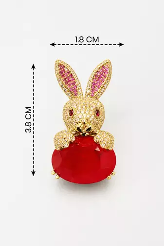 Gold-plated bunny rabbit brooch pin with red oval crystal stone | cute animal designer
