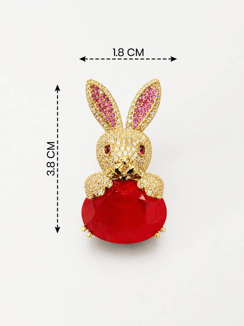 Gold-plated bunny rabbit brooch pin with red oval crystal stone | cute animal designer