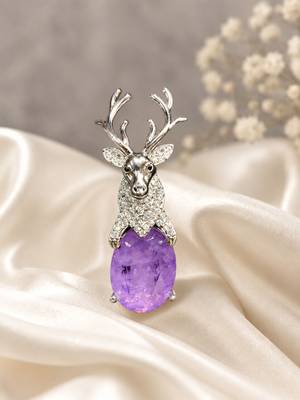 Silver-toned deer brooch pin with purple oval crystal stone 1