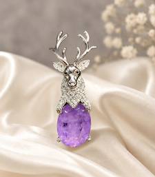 Silver-toned deer brooch pin with purple oval crystal stone
