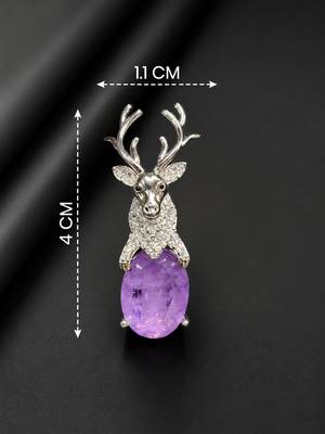 Silver-toned deer brooch pin with purple oval crystal stone 4