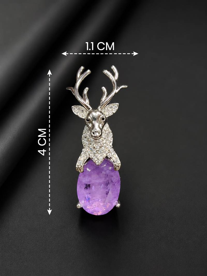 Silver-toned deer brooch pin with purple oval crystal stone