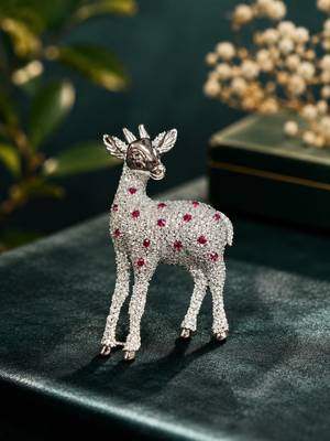 Silver-toned crystal deer brooch pin with ruby red stones  1