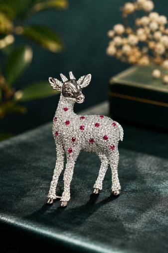 Silver-toned crystal deer brooch pin with ruby red stones 