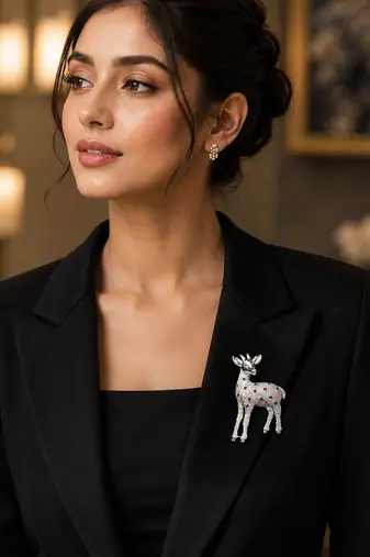 Silver-toned crystal deer brooch pin with ruby red stones 